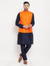 Vastramay Men's Orange Matka Silk Nehru Jacket With Navy Blue Silk Blend Kurta and Pant style Pyjama Set